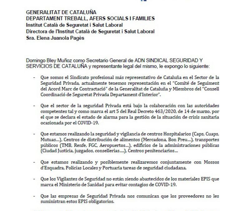 ESCRITO AL DEPARTAMENT DE TREBALL
