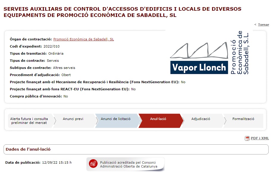 ANULADA LICITACIÓN Promoció Econòmica de Sabadell