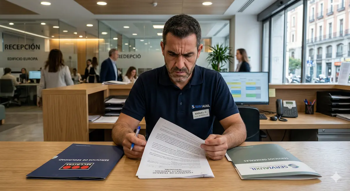 Auxiliar de servicios firmando documento de subrogación manteniendo su antigüedad y derechos laborales