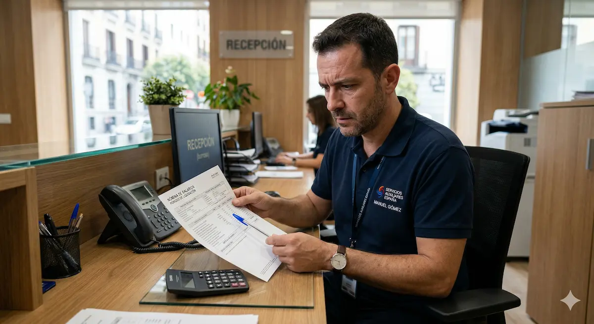 Auxiliar de servicios revisando su nómina y el sueldo base con la subida del SMI 2026