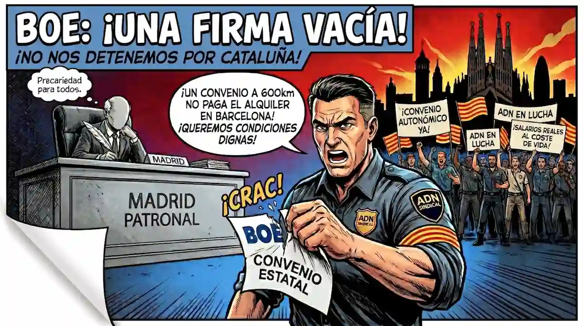 Cómic reivindicativo de ADN Sindical rompiendo el Convenio Seguridad Privada 2026 BOE para exigir un Convenio Autonómico en Cataluña con salarios dignos.