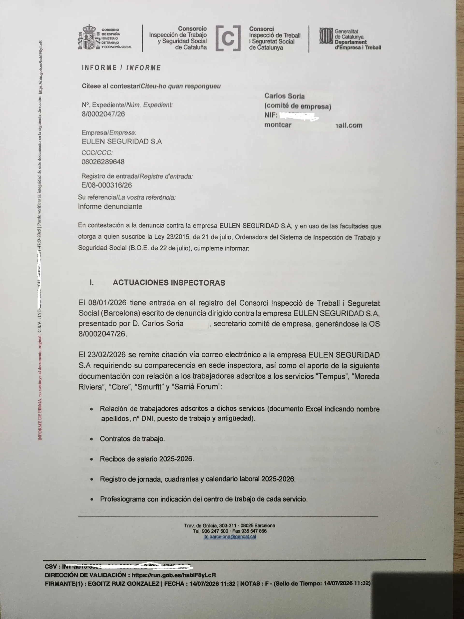 Informe Inspección de Trabajo Eulen Seguridad 1