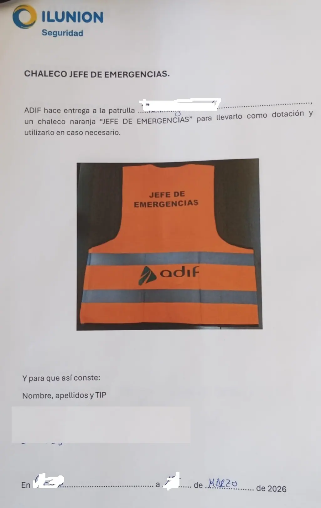 Imagen de la carta de entrega de los chalecos de ILUNION a los trabajadores
