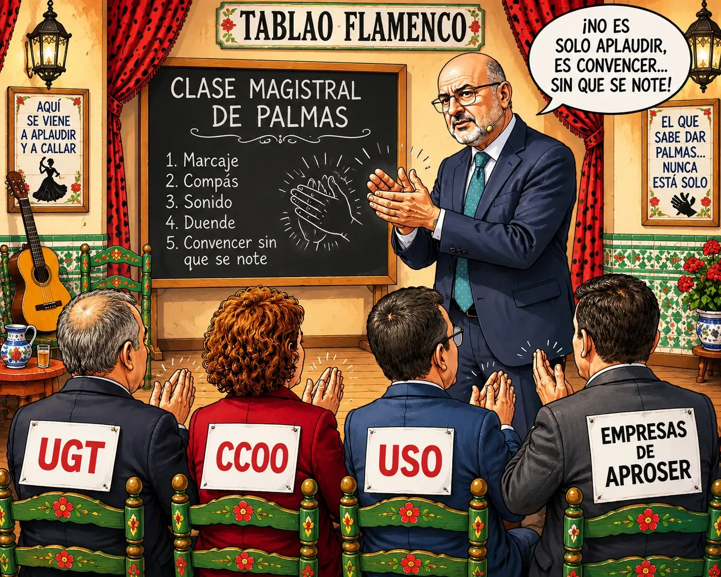 Caricatura satírica sobre clase magistral de palmas en tablao flamenco