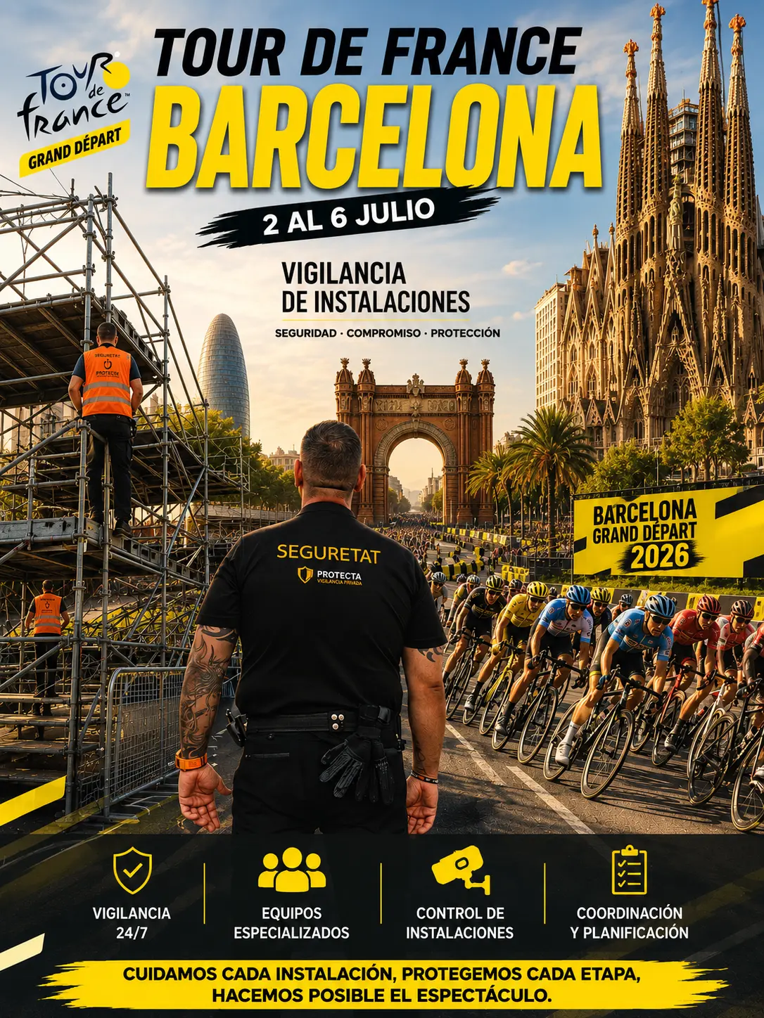 Imagen alegórica creada por IA sobre la Seguridad Privada en el Tour de France Barcelona 2026