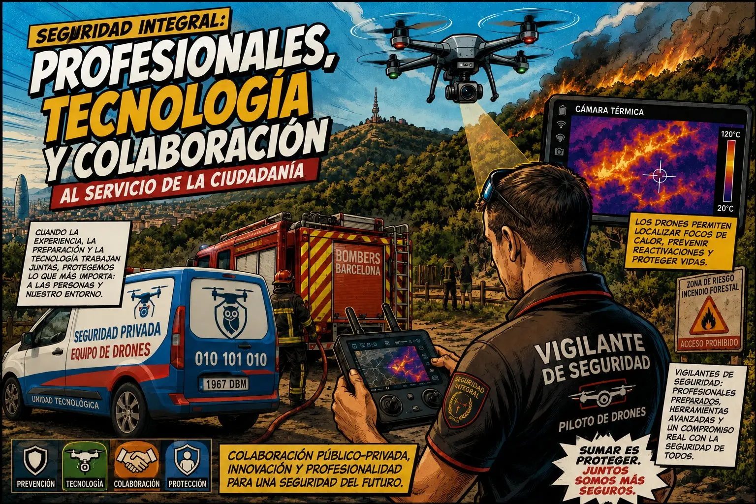 Imagen alegórica creada por la IA sobre Vigilantes de Seguridad, drones y Seguridad Integral en Collserola