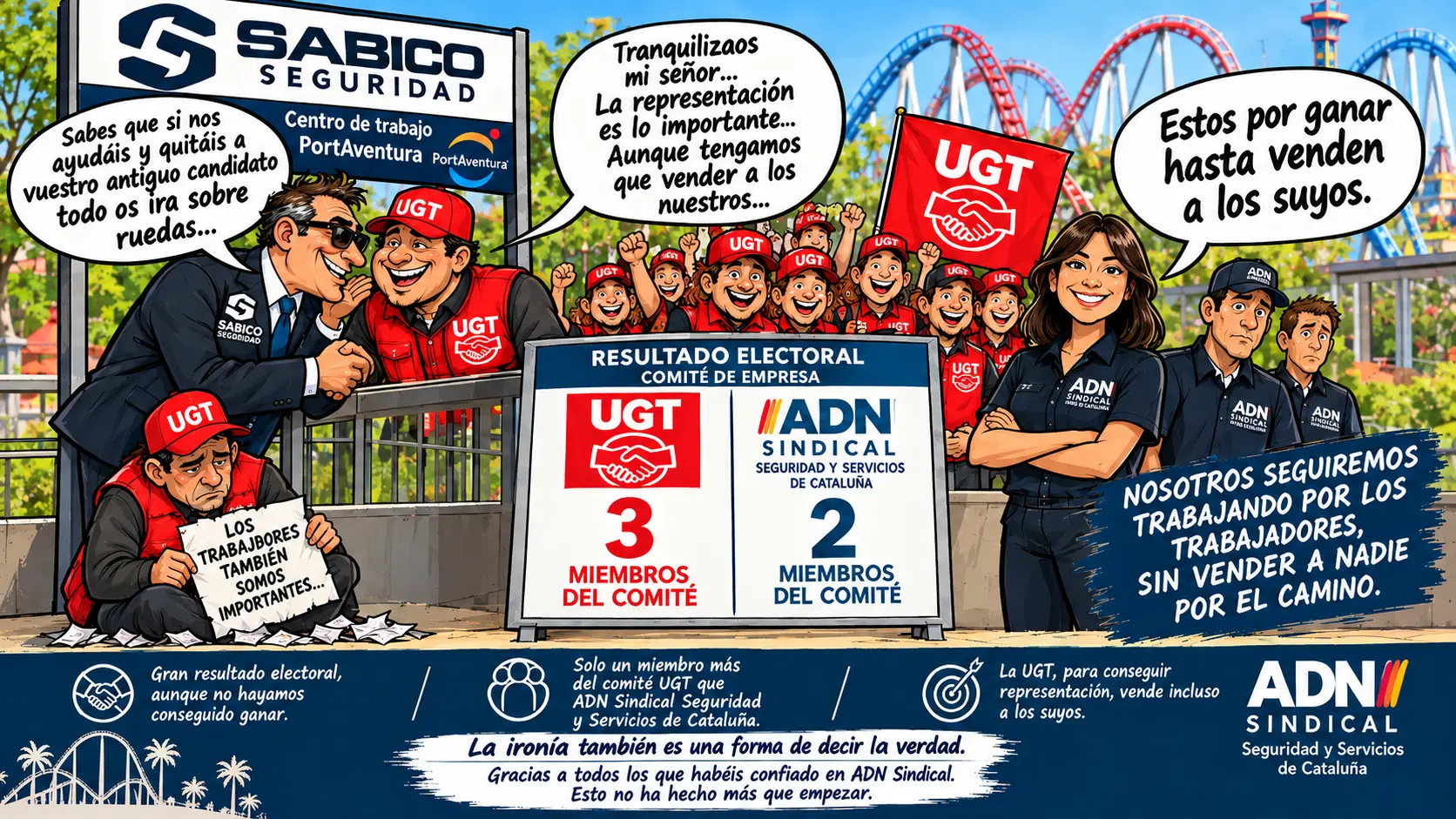 Viñeta alegórica e irónica sobre las elecciones sindicales de SABICO en Port Aventura